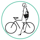 Dessin d'une femme avec son sac à main sur l'épaule à coté de son vélo Lady Harberton Sacs à main en cuir fabriqués en France pour femmes à vélo